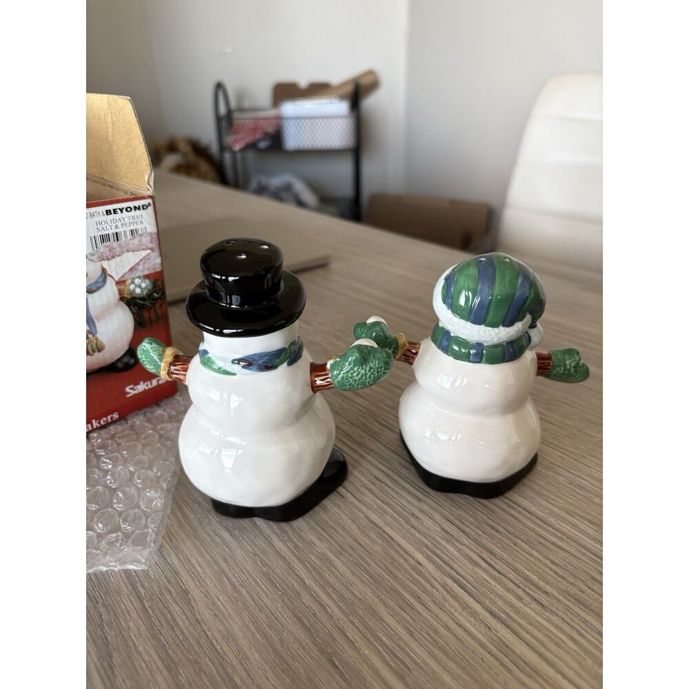 Sakura Holiday Trio Snowman Salt & Pepper Shakers Hand Painted w/ Box SL929/12 - Picture 8 of 10